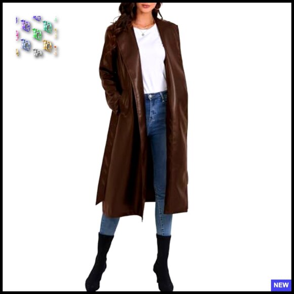 Faux Leather Trench Coat Oversized Maxi Jacket Notched Lapel Chic - Picture 3 of 6